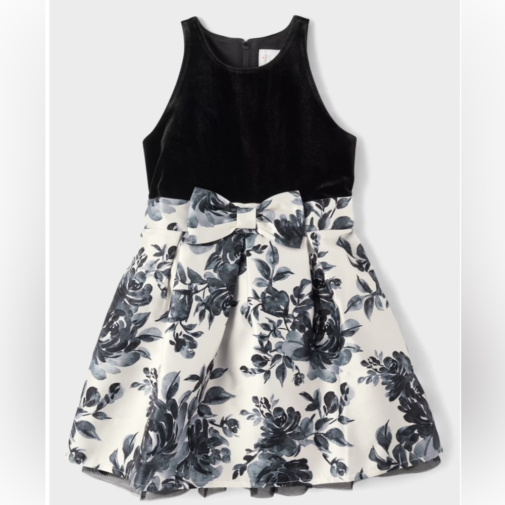 Girls Floral Velour Fit And Flare Dress Black Size 6X/7